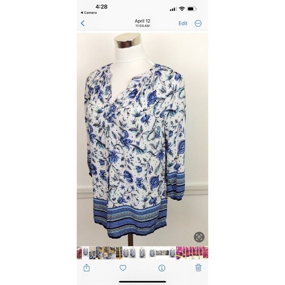 Rose & Rhyme Womens 3X Blouse Top Blue Floral Tunic Ikat Plus Size Print Rayon - Picture 4 of 11